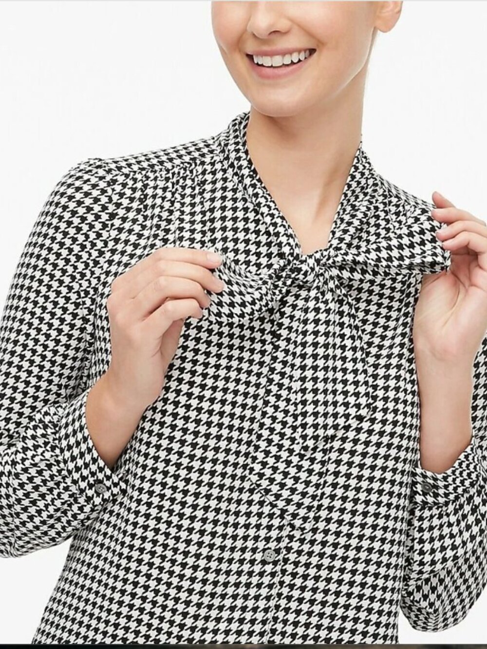 NEW J Crew Petite XS Black White Houndstooth Bow Blouse Long Sleeve Tie-neck Top